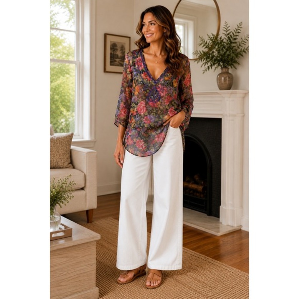 Priya‎ Floral Sheer Beaded Sequin Tunic Top One Size OS